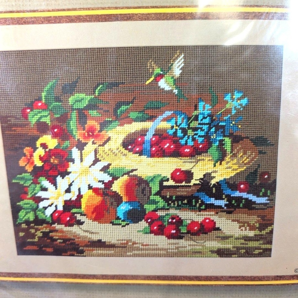 Vtg 70s Sunset Needlepoint Kit Still Life Tapestry Fruit Hummingbird Cottagecore